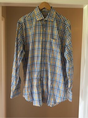 Peter Millar Blue and Yellow Plaid Casual Button-Down Shirt